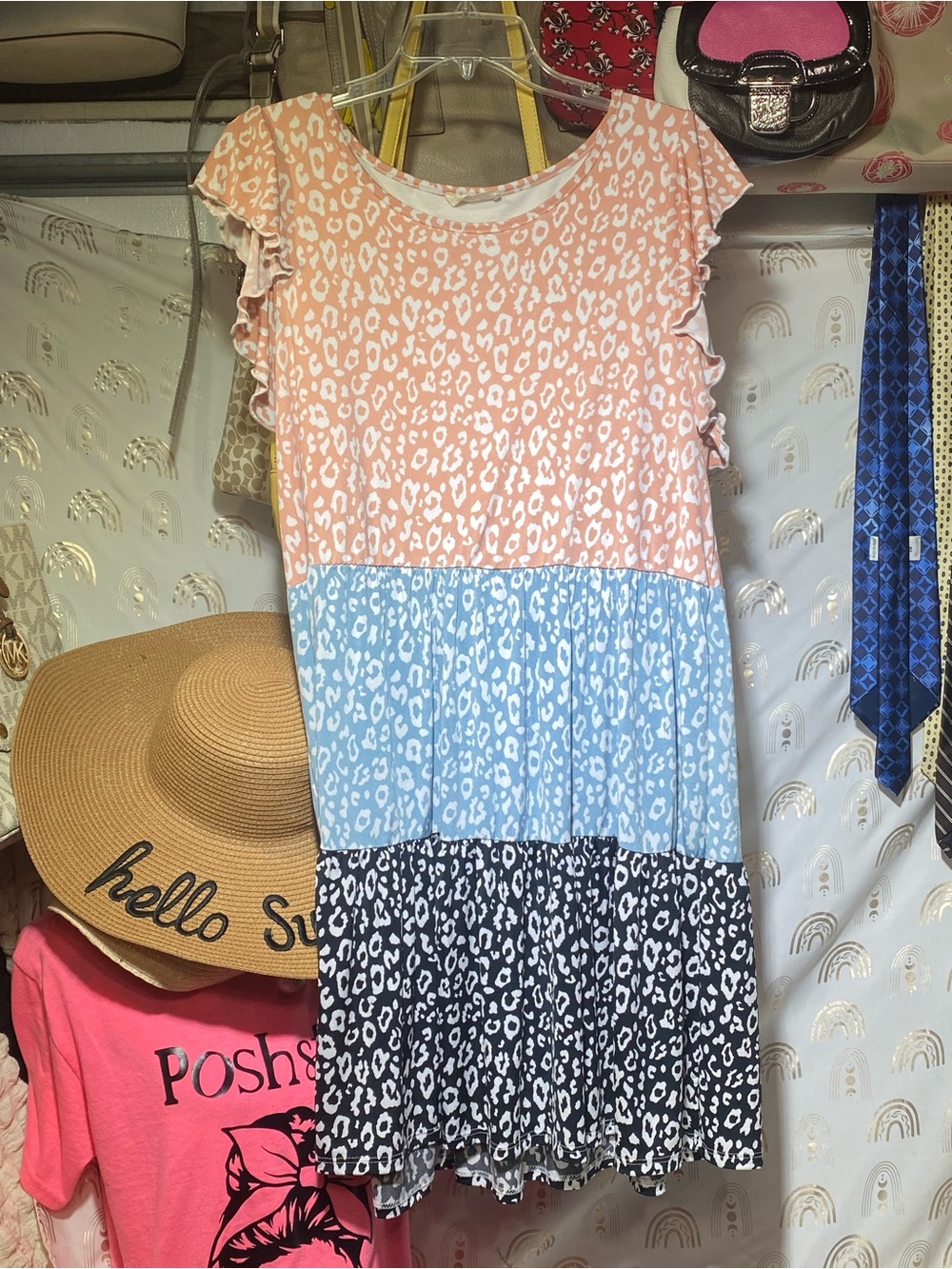 Beeson River Peach, Light Blue & Black Tiered Leopard-Print Maxi Dress